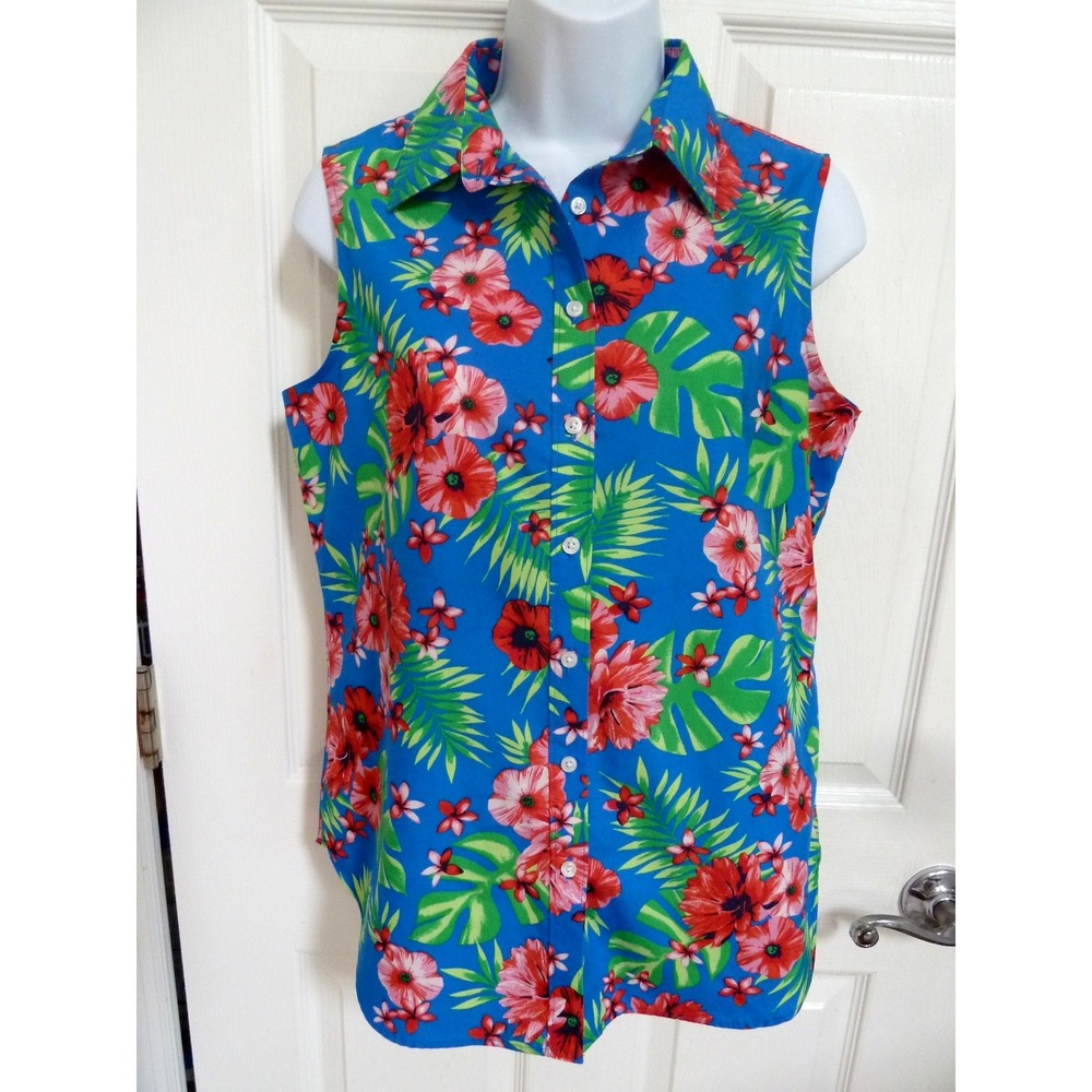 Lands' End Womens Sz 6 Small Tropical Hawaiian Sleeveless Blouse No-Iron Cotton